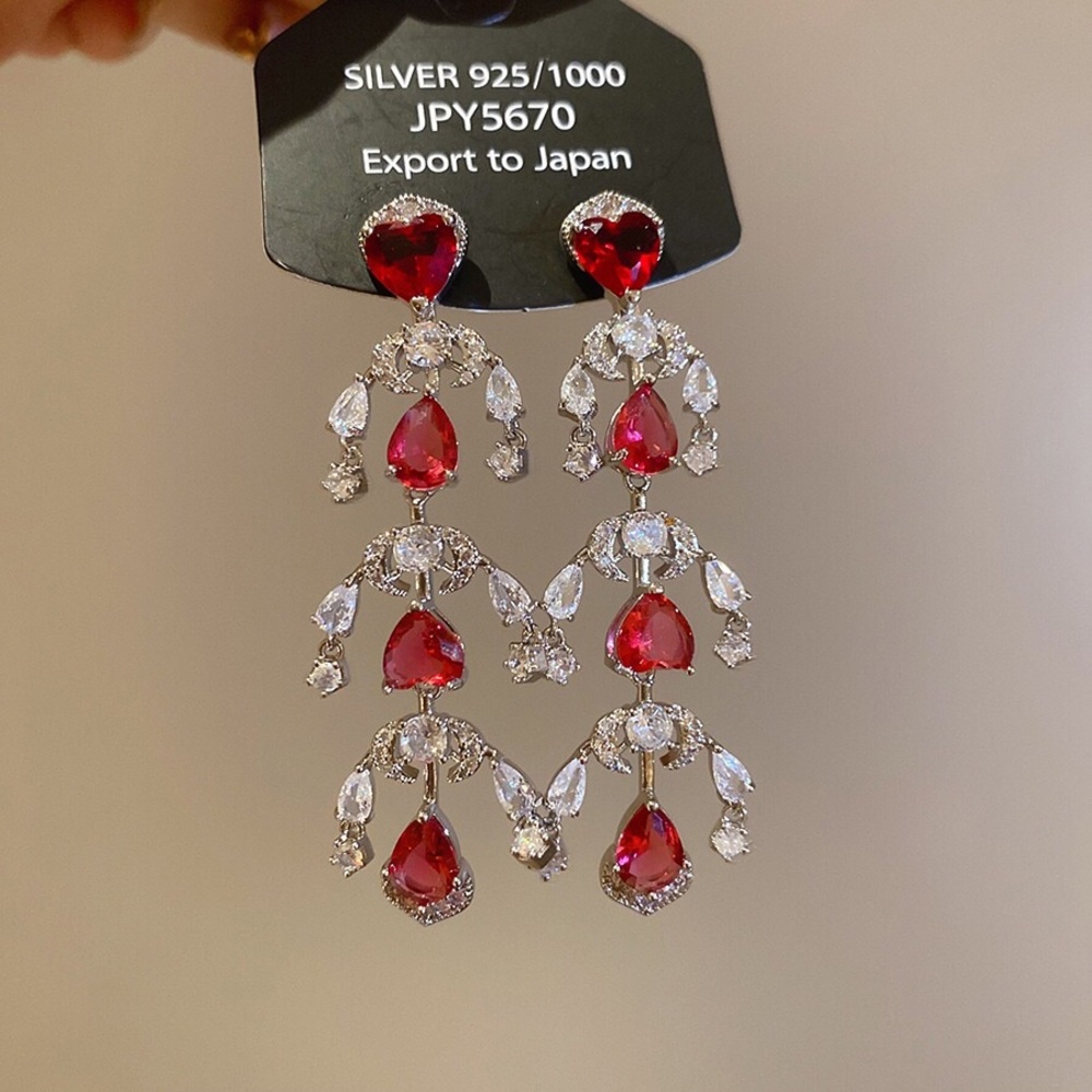 Red Teardrop Crystal Chandelier Earrings - Silver 925